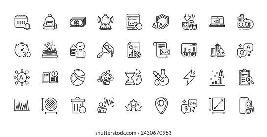 Hourglass timer, Backpack and Report line icons pack. AI, Question and Answer, Map pin icons. Chemistry experiment, Deflation, Timer web icon. Vector