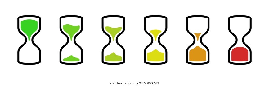 Hourglass timer colored icon set. Sandglass countdown flow symbol collection. Sand clock vector illustration isolated colorful concept. Sand watches progress indicator graphic silhouette.