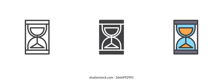 Conjunto de ícones de estilo diferente do temporizador da ampulheta. Linha, glifo e preenchido esboço versão colorida, contorno e sinal de vetor preenchido. Símbolo, ilustração de logotipo. Gráficos vetoriais.