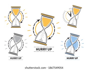 Hourglass timer icon set. Sand glass clock sign. Hurry up. Concept countdown, deadline, time management and reminder about sale in shopping stores.  Isolated collection outline vector symbols