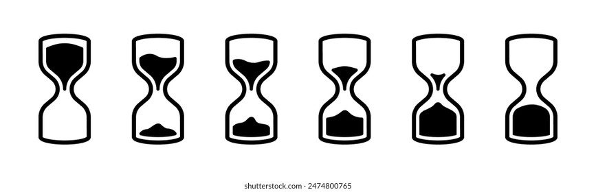 Hourglass timer icon set. Sandglass countdown flow symbol collection. Sand clock vector illustration isolated concept. Sand watches progress indicator graphic silhouette.