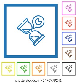 Hourglass timer outline flat color icons in square frames on white background