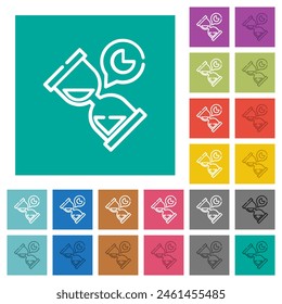 Sanduhr-Timer-Umriss mehrfarbige flache Symbole auf einfachen quadratischen Hintergründen. Weiße und dunklere Symbolvarianten für fahrene oder aktive Effekte enthalten.