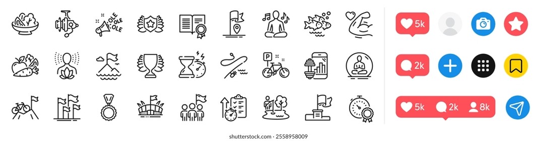 Hourglass timer, Strong arm and Fishing reel line icons pack. Social media icons. Yoga, Winner flag, Vegetables web icon. Timer, Yoga music, Fishing place pictogram. Vector