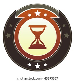 Hourglass, timer, or wait icon on round red and brown imperial vector button with star accents