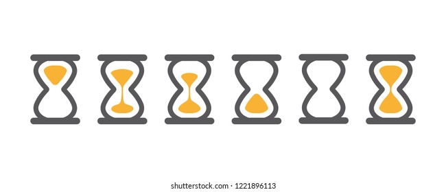 Hourglass various icons for animation frames. Gray sandglass, sandclock, countdown and process timer collection on white background.
