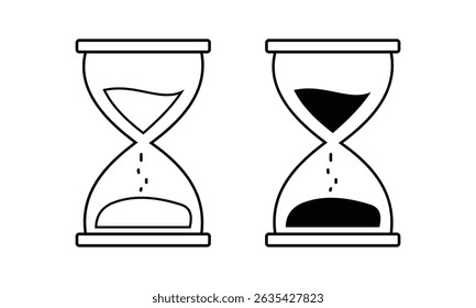 Hourglass vector icon. Sandglass timer vector. Sand glass timer icon set design. Sand watch icon. Black vector hourglass icon.