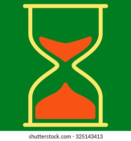 Hourglass vector icon. Style is bicolor flat symbol, orange and yellow colors, rounded angles, green background.