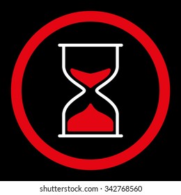 Hourglass vector icon. Style is bicolor flat rounded symbol, red and white colors, rounded angles, black background.