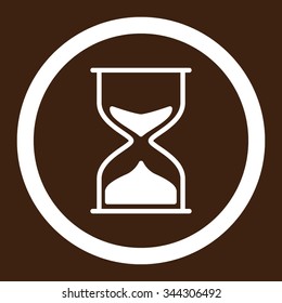 Hourglass vector icon. Style is flat rounded symbol, white color, rounded angles, brown background.