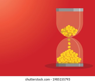 Hourglass vector image with money on red background icon, isolated object on white background technology, Web illustration in golden color 