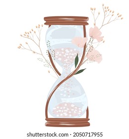 Hourglass vector stock illustration. Pink flowers Illustrations for Wall Decoration, Postcard, Social Media Banner, Brochure Cover Design Background. Modern Abstract Painting Artwork.