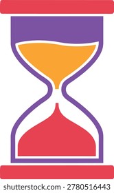 Hourglass vector, time concept, passing seconds, purple frame, golden top, red bottom, abstract design, measurement.
