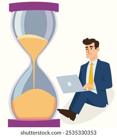 The hourglass visually represents the limited time available, while the man's posture and expression convey his stress and struggle to complete his work within that timeframe. feeling of urgency,