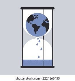 An hourglass with water melted from the earth on the upper side. Concept for global warming