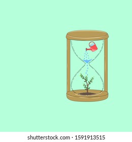 Hourglass with Watering a tree, Tree is life, Preserve and protect trees for bright and pleasant world, Eco concept.