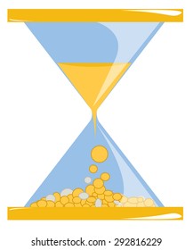 Hourglass in which the sand falls out into the gold and silver coins. Concept -  time is money. Vector illustration