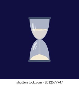 Hourglass with white sand. The process of falling sand through transparent glass. The concept of counting time in business. Countdown timer or deadline time. Vector illustration.