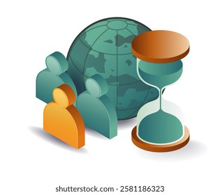 Hourglass with world business team