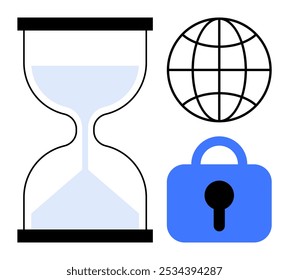 Reloj de arena, globo del mundo y candado en diseño simple negro y azul. Ideal para temas de gestión del tiempo, seguridad en Internet, protección de datos, conectividad global y seguridad digital. Vector plano