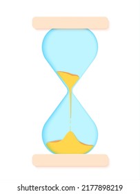 Hourglass with yellow sand in paper cut style. Simple papercut sandglass with falling time. Origami art creative business concept. Vector card illustration isolated on white background