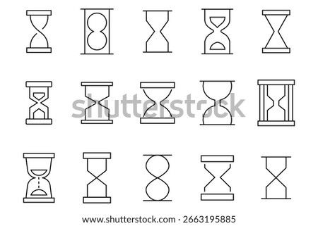 Hourglasses black thin line icon set. Sand clock icon thin line outline set. Time line symbol. Containing clock, stopwatch, hourglass and more. Vector illustration