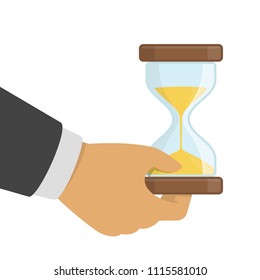 Hourglasses in businessman hands. Human hand holds a hourglass. Sandglass clock, timer, business and time management concept. Vector illustration in flat style. EPS 10.