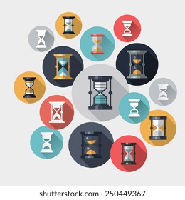 hourglasses icons set, flat style, isolated vector illustration on a white background. 