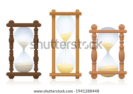 Hourglasses. Three wooden sand timer, time glasses or egg timer. Antique, old fashioned, carved vintage measurement instruments. Isolated vector illustration on white background.
