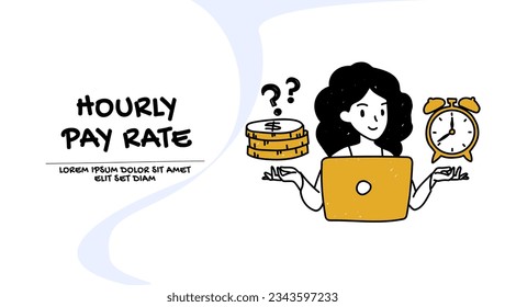 Hourly pay rate concept. Vector of a young woman balancing financial reward time spend to do a job