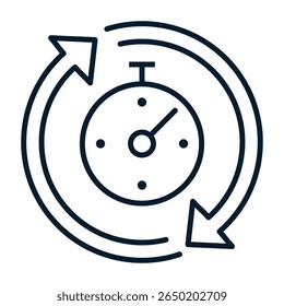 Hours, arrow in a circle. Fast response concept. Vector linear icon isolated on white background.