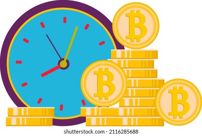 Horas y un montón de bitcoines. Un vector asociado a la criptodivisa. Ilustración plana. Comercio electrónico, blockchain, el concepto de criptodivisa.