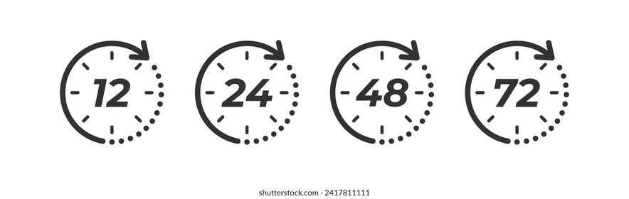 Stundenzeiger 12, 24, 48, 72 Symbol. Lieferservice. Spezielles Angebot offen. Arbeitszeit. Vektorgrafik.