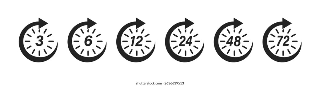 Hours clock arrow set. 3, 6, 12, 24, 48, 72 hours timer icon. Vector.
