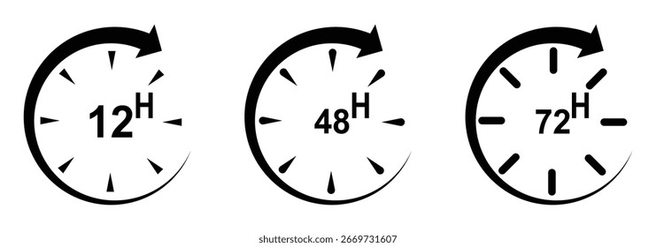 hours clock arrow vector icons. Delivery service, online deal remaining time website symbols. 12, 48, and 72 hours order execution or delivery service icons. hours delivery service work. 