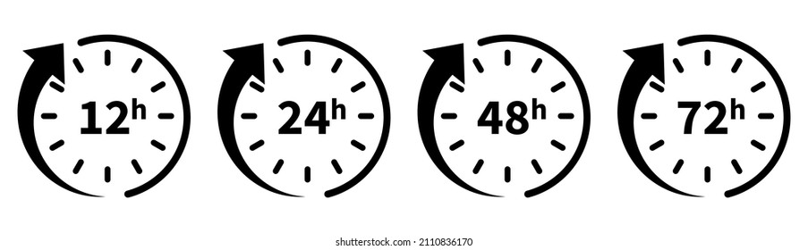 Hours Clocks With Arrow. 12, 24, 48, 72 Work Time Icons. Hour Delivery And Service. Vector Illustration.
