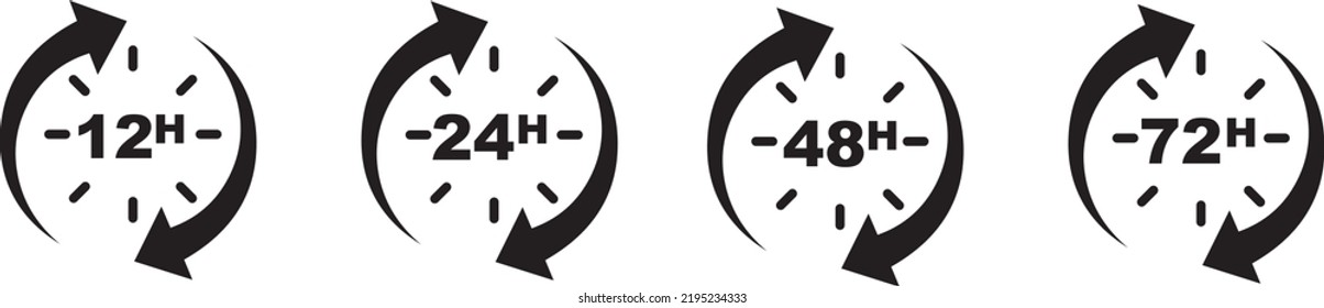 Hours clocks with arrow. 12, 24, 48, 72 work time icons. Hour delivery and service. Vector