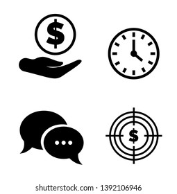 Hours and dollar target, message symbol, black finance object in flat design style, hands with money, round clock, commercial element, technology vector