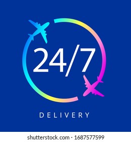 Horario de entrega Express está abierta las 24 horas del día y los 7 días de la semana en un fondo azul 