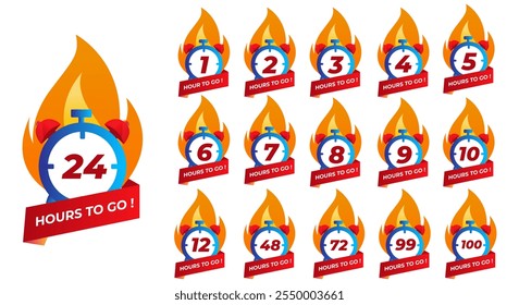 Hours To Go Countdown banner template design. 1,2,3,4,5,6,7,8,9,10,11,12,24,48,72,99 hours left countdown icon. vector