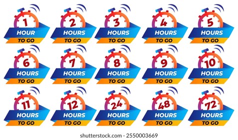 Hours To Go Countdown banner template design. 1,2,3,4,5,6,7,8,9,10,11,12,24,48,72,99 hours left countdown icon. vector