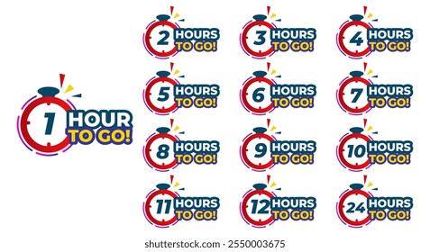 Hours To Go Countdown banner template design. 1,2,3,4,5,6,7,8,9,10,11,12,24,48,72,99 hours left countdown icon. vector