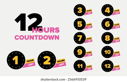 Hours to Go Vector Set. From 24 to 1 Hours to Start Set. Countdown numbers from 24 to 1 in modern style, 1 to 12 hours sign. Vector time remaining count down