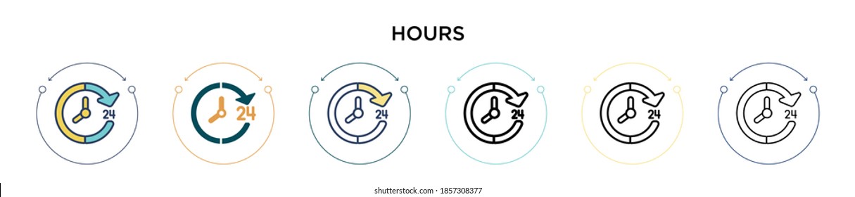 Hours icon in filled, thin line, outline and stroke style. Vector illustration of two colored and black hours vector icons designs can be used for mobile, ui, web