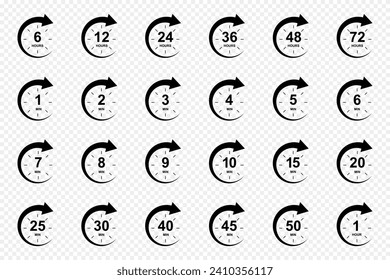 Hours and minutes icons with circle arrows. Set of customer service, discount, shipping delivery or special offer symbols. Stopwatch, countdown, sport or cooking timer signs. Vector illustration