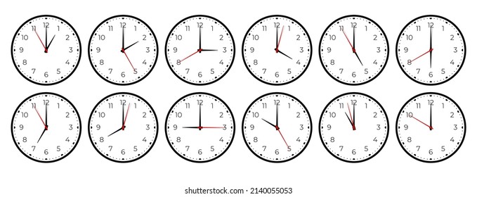 Horas en la cara de reloj. Vigilar en círculo analógico con números y manos. Conjunto de vectores