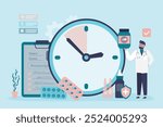 Hours of taking medicine from doctor. On time taking medicine pills reminder. Therapist holds medicine pill, giant alarm clock near. To remind patient to take pills on time. Medical and health care.