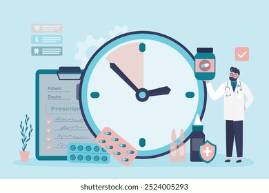 Hours of taking medicine from doctor. On time taking medicine pills reminder. Therapist holds medicine pill, giant alarm clock near. To remind patient to take pills on time. Medical and health care.