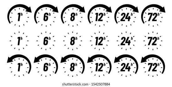 Hours time icon. One hour, 24h and 72h badges. Limited offer clocks and work time. Deadline metaphor icons, timer clock or time measurement interface. Isolated sign vector set