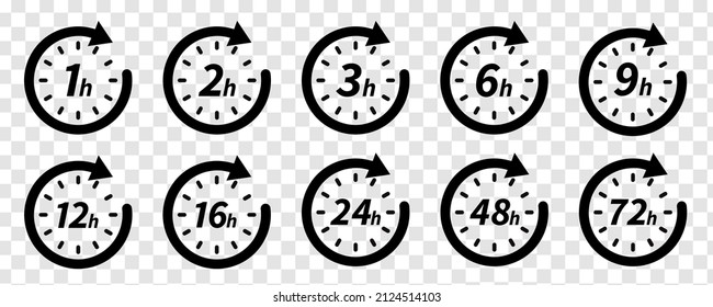 Hours time icon. One hour, 24h and 72h badges. Limited offer clocks and work time. Deadline metaphor icons, timer clock or time measurement interface. Isolated sign vector set
